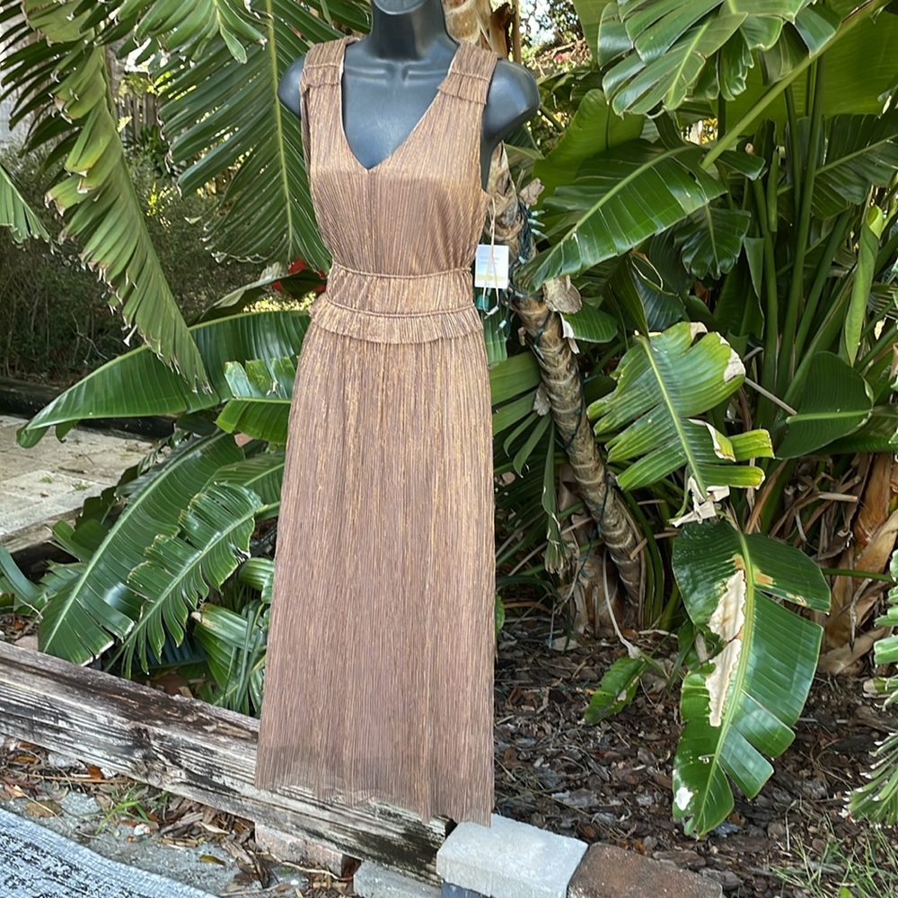 Taylor metallic gold Grecian style dress with  peplum